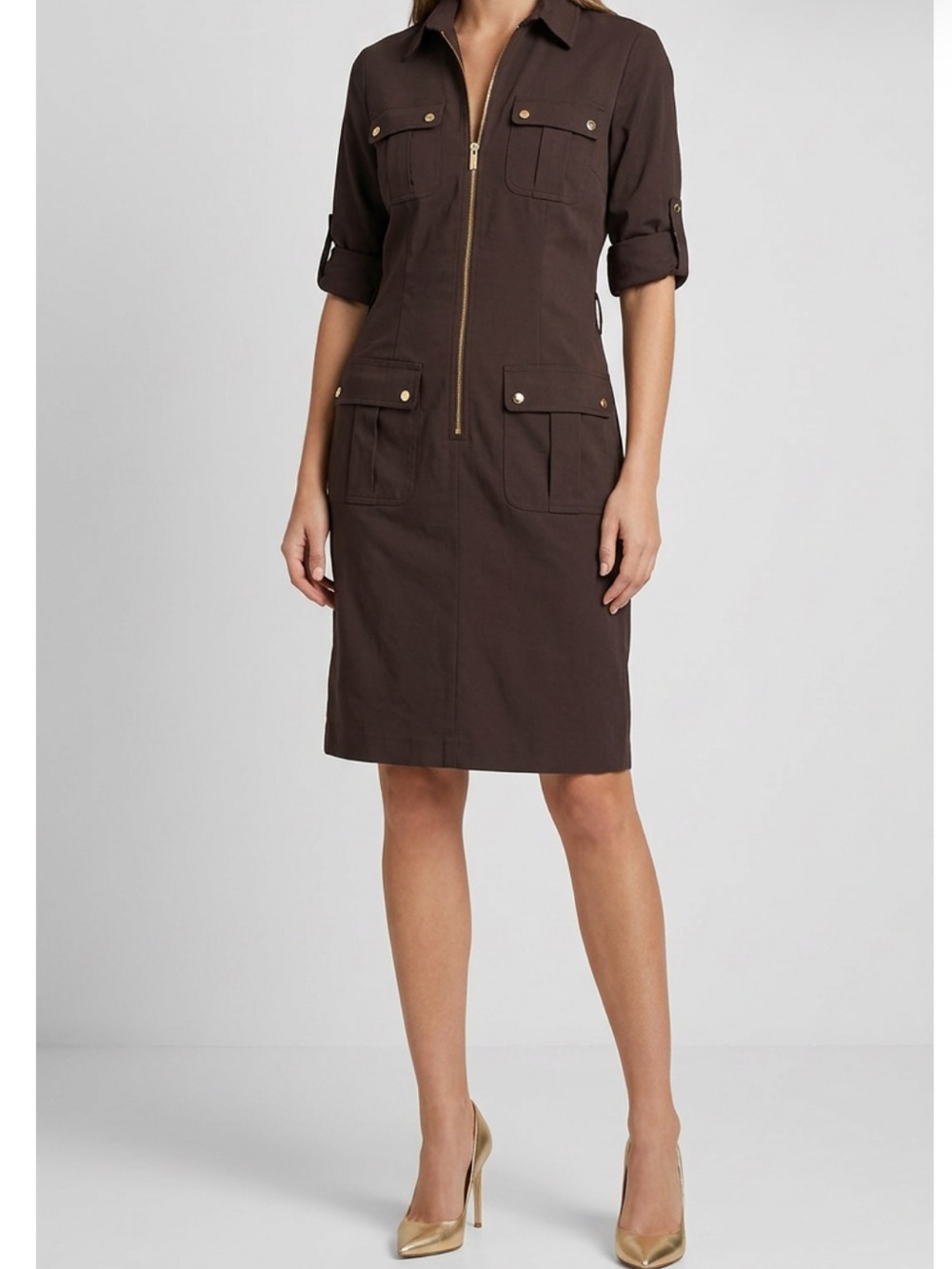Michael Michael Kors Brown Utility Zip-Front Jacket Dress Gold Logo Sz M Women
